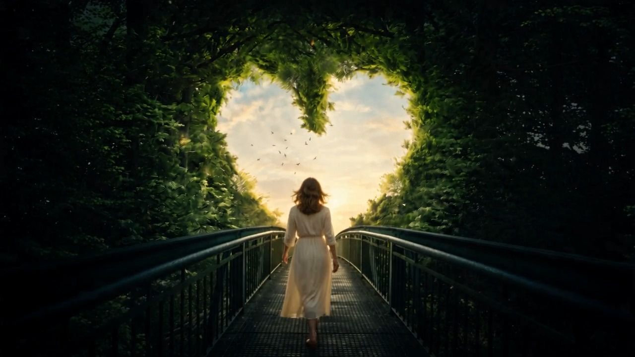 A woman walking across a bridge through a garden toward the light